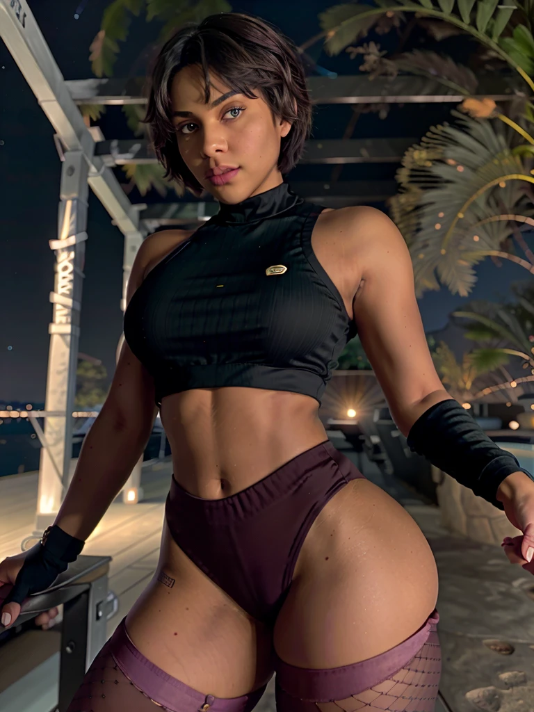 masterpiece, best quality, solo focus, extremely detailed 8k CG unity wallpaper, 1girl with short bob cut hair, glowing eyes, tight legging, crop top, (dark skin:1.5, tomboy), toned, big ass, contrapposto, nighttime, pink eyes, outdoors, landscape, professional, vivid colors, physically-based rendering, extreme detail description