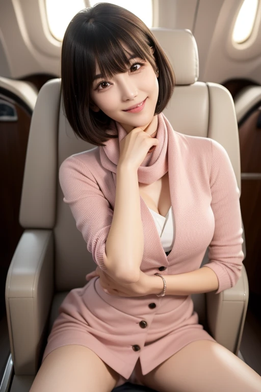(masterpiece:1.3), High resolution, Super detailed, Highly detailed CG Unity 8k wallpaper, Realistic, photo-Realistic, RAW Photos, One Japan Girl,20-year-old,Beautifully detailed face, Pale skin, Realistic skin, Detailed cloth texture, Detailed hair texture, Perfect Proportions, Beautiful Face, Accurate, Anatomically correct, Highly detailed face and skin texture, Natural neck length, (Beautiful Hands), (Fair skin:1.2), Thin legs, Thin legs, Sexy thighs, 
break, 
Fine grain, Symmetrical eyes, Light brown eyes, double eyelid, Thin eyebrows, (Glossy Lips:1.4), (Cute smile:1.2), 
break, 
(Classy and cute girl:1.3), (Wearing the elegant flight attendant uniform of Japan Airlines:1.2), (Wear a pale pink neck scarf:1.1), (Close button:1.1)
(Medium large breasts), (Slim figure), (Beautiful curves), 
(Dark brown hair, Wavy Hair), ((short hair, Asymmetrical bangs:1.2)), (Upper Body Shot:1.2), (Raise your gaze:1.2), (From above:0.5), 
break, 
(Kneeling in the aisle of a first class seat), ((She lifted her chin gracefully.:1.2)), (Inside a private plane: 1.2),