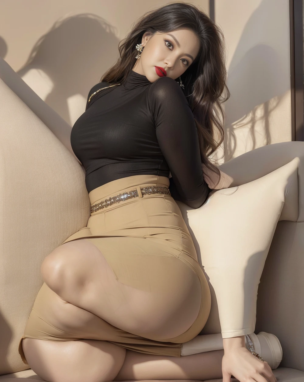 on the Beach,light brown clothes (No cleavage),thigh, cosmetic, (lipstick: 1.1), (Eyeliner: 1.2), mascara, Eyeshadow,Outdoor sports, earrings, necklace, Black pantyhose, Wrinkles at the corners of the eyes, Oral wrinkles,High Neck Knit Bodycon Skirt,full-body shot,An Asian Japanese woman,65 years old,big eyes,elegant temperament elegant temperament,(masterpiece:1.2, best quality), Practical, (The true situation,45 years old, Intricate details, Depth of Field,High neck clothes), careful, The content is very detailed, This is a perfect face, Perfect body, Large Model, Mature woman, High,Black silk garter belt,8K,best quality, masterpiece, Ultra-high resolution,(lifelike:1.4), original photo, Stay focused, detailed, Dramatic, Exquisite beautiful woman, (tall and straight:1.1),(Fat goddess desetallic high collar dress,High collar fitted skirt),half butterfly earrings, double ring necklace, (:1.05), (65 years old, : 1.4),Long curly hair, Dynamic angle, (red lips)Beautiful graphics, Black reflective leather pants and fishnet stockings,High heel