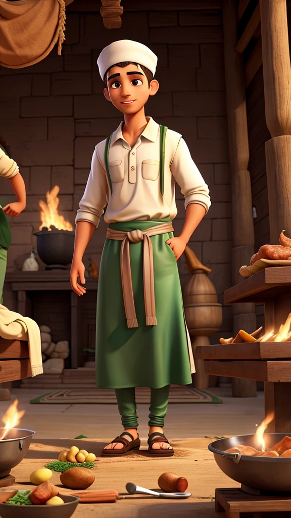 Illustration with nuances of the Eid al-Adha holiday atmosphere with young men in Muslim clothes slaughtering sacrificial animals and mothers and children wearing Muslim clothes cooking sacrificial meat