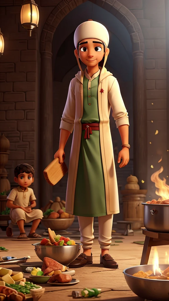 Illustration with nuances of the Eid al-Adha holiday atmosphere with young men in Muslim clothes slaughtering sacrificial animals and mothers and children wearing Muslim clothes cooking sacrificial meat