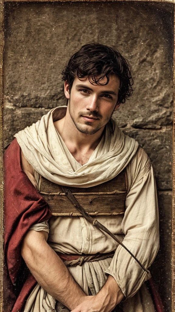 A sexy man, 15th centuries ,wearing old and worn-out peasant clothes, handsome face, mediaeval period,black hair , homoerotic,   , looking at camera, seductively