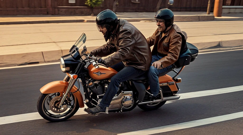 evening、A low-angle view of a middle-aged man riding alongside another man on a Harley Davidson。In the style of illustrations