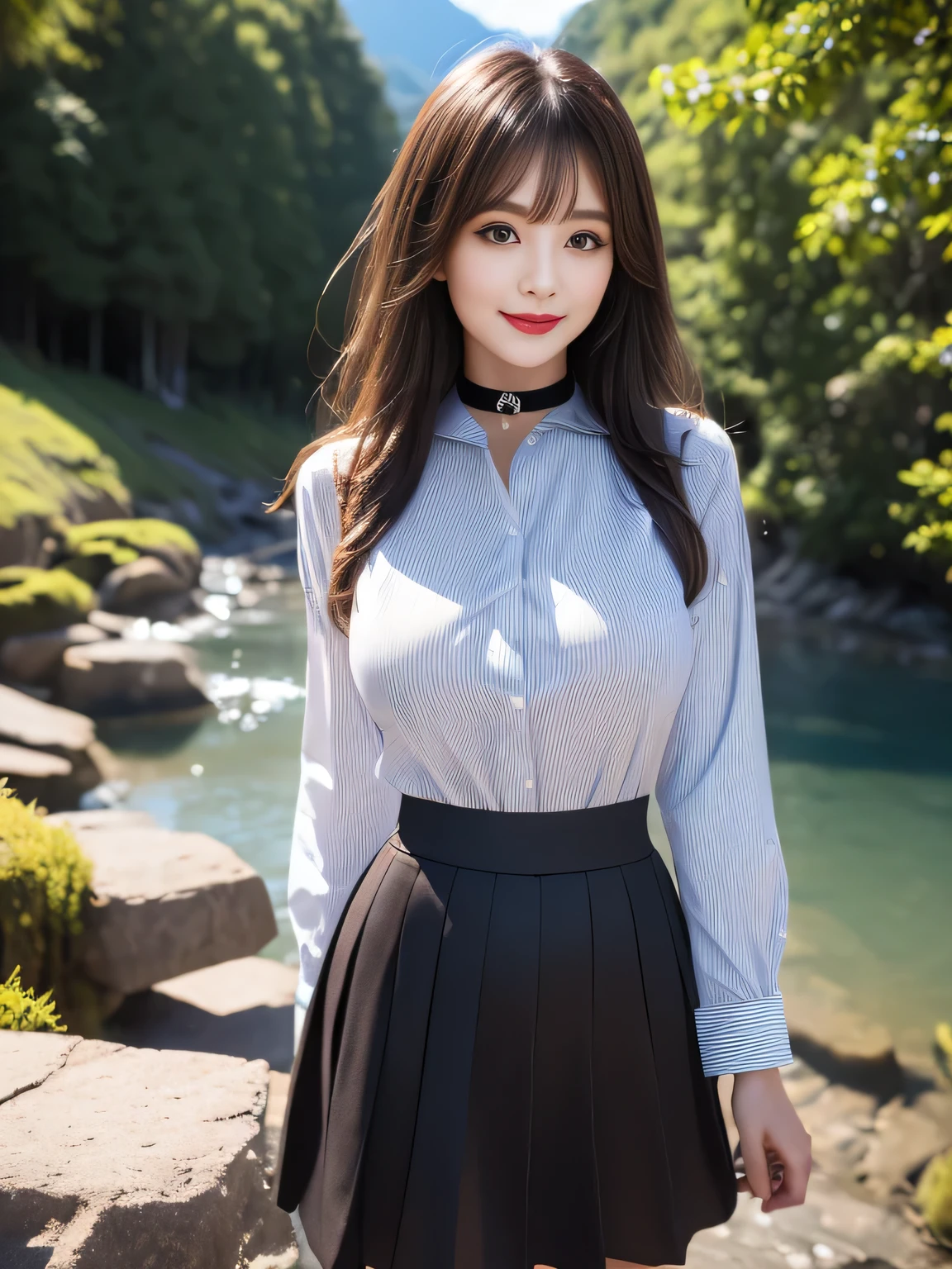 ((Highest quality, 8k, Representative works in detail, Ultra-high resolution)), (Looking at the audience), Attractive woman, ((Big Breasts)), smile, ((Black choker)), Slim figure, (blue eyes), Long eyelashes, bangs, Beautiful shiny brown hair, Nogizaka Idol, Slim face、((Striped shirt、flare skirt、Full body portrait)), Millionaire's daughter、Dependents、Glossy straight hair、((Mountain trail、Looking down、Spectacular views)), Red lipstick, ((Mountainous Regions))、blue sky、Healthy thighs