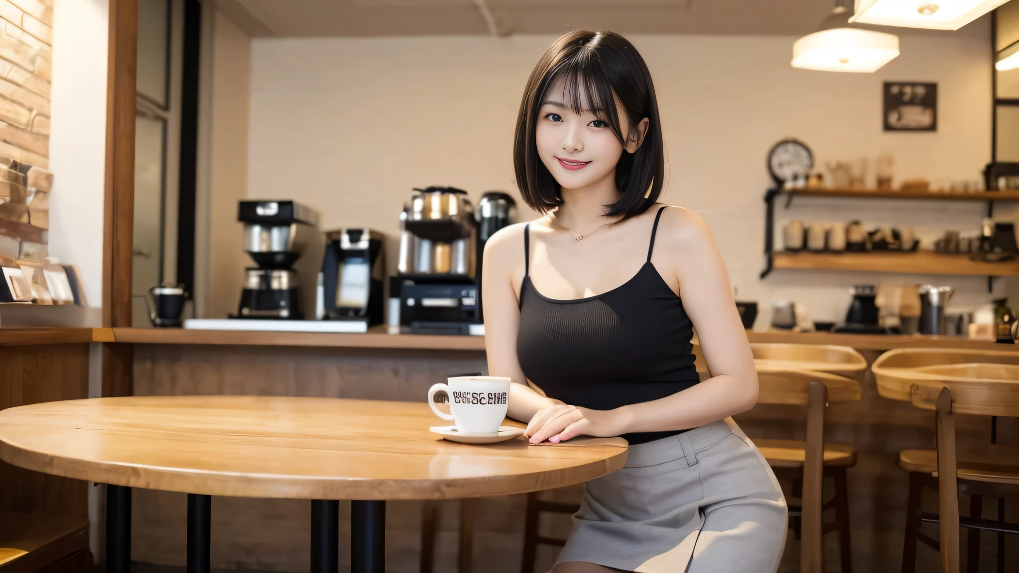 The image quality is top quality, masterpiece, super high resolution, photorealism, natural light and color, (((one woman, Japanese))), 23 years old, black hair, short hair, smiling, cute, skin tone is uniform and healthy looking, natural skin texture, super big breasts, outfit is white tank top, mini skirt, scene is looking at you, (((drinking coffee in a fashionable cafe))), The background is detailed with the interior of the cafe.
