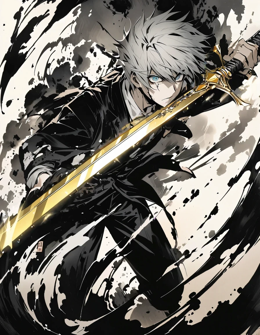 Short grey hair Sharp eyes 28 years old Holding a golden long sword Damaged black suit Ink painting art null