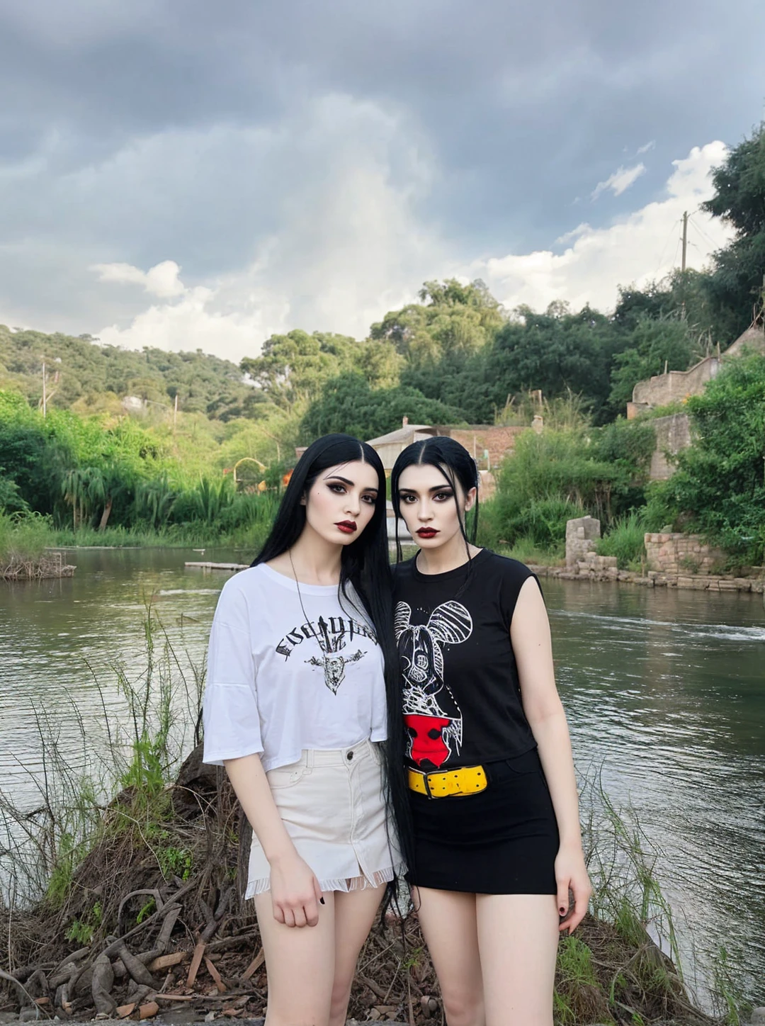Two gothic women with long black fringed hair wearing a plaid skirt and fishnet stockings with black makeup in a house
