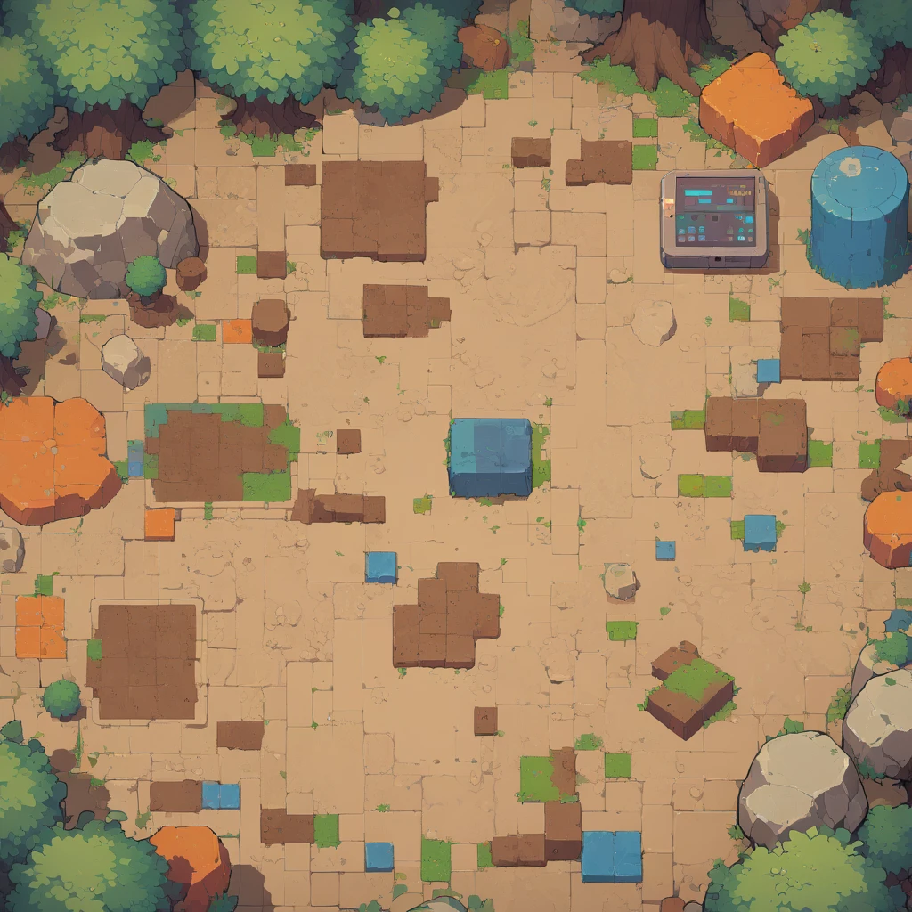 retro video game style,pixelated graphics,vibrant colors,8-bit characters,blocky shapes,sharp lines,detailed shading,classic gaming vibe,nostalgic atmosphere,classic arcade games,masterpiece:1.2,ultra-detailed,illustration style, 2d texture, clay texture, stone texture, 4 k seamless mud texture, video game texture, dirt texture, tileset, game tiles, clay material, flat texture, grass, trees, rock texture, rocky ground, forest, topdown view, game texture, game art, ground very detailed, dirt, floor texture, tileable texture, flowers, bushes, shrubs, intricate ground stone, top down view, 3/4th perspective