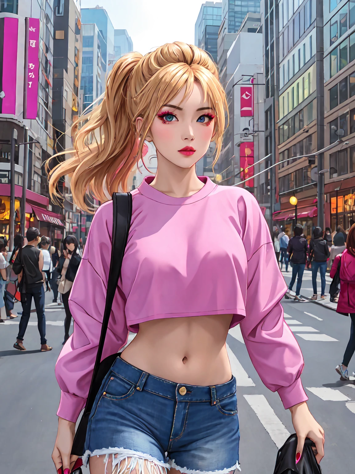 Photorealistic 8k portrait, Hypernetwork Monster, SAR:0.8, LIXYArt:0.5, Asian_LatentDreamVision:1.0,
A trendy and fashionable Japanese gyaru, heavy makeup with dramatic winged eyeliner, pouty lips with pink lipgloss, tanned skin, dyed blonde hair in a stylish updo hairstyle, wearing a revealing crop top and tight jean shorts showing midriff, in a city street setting with neon lights in the background, masterful anatomy, perfect face and body symmetry, cinematic lighting