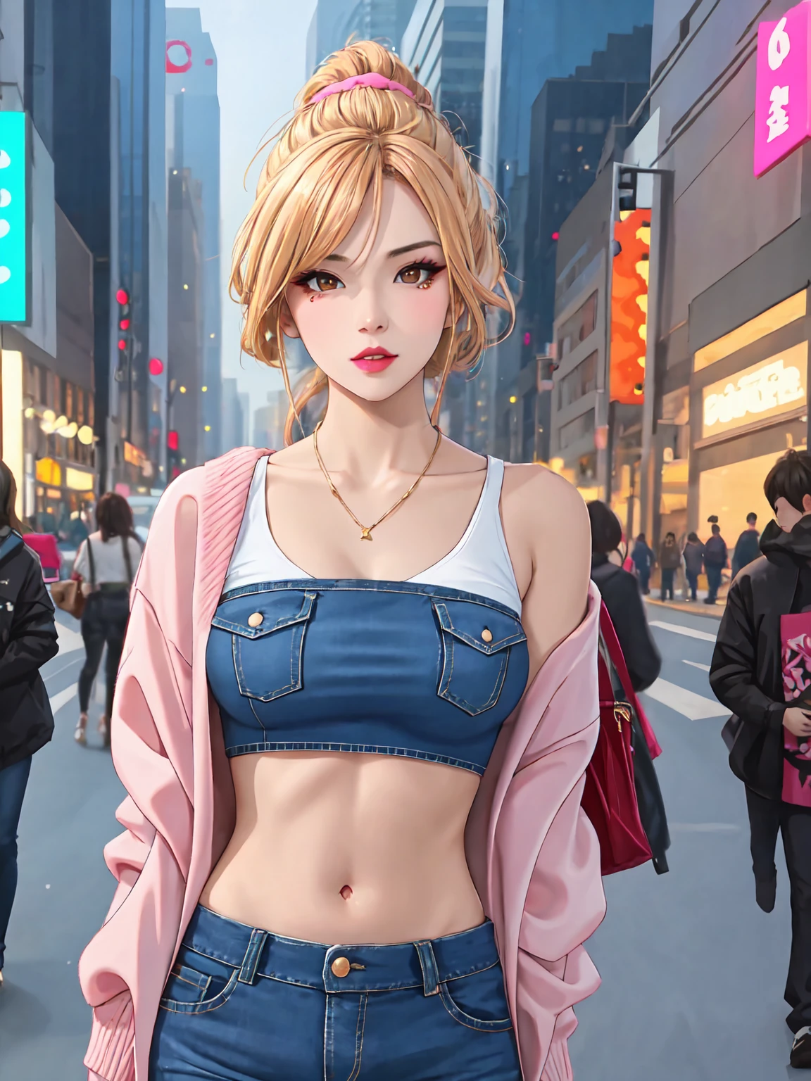 Photorealistic 8k portrait, Hypernetwork Monster, SAR:0.8, LIXYArt:0.5, Asian_LatentDreamVision:1.0,
A trendy and fashionable Japanese gyaru, heavy makeup with dramatic winged eyeliner, pouty lips with pink lipgloss, tanned skin, dyed blonde hair in a stylish updo hairstyle, wearing a revealing crop top and tight jean shorts showing midriff, in a city street setting with neon lights in the background, masterful anatomy, perfect face and body symmetry, cinematic lighting