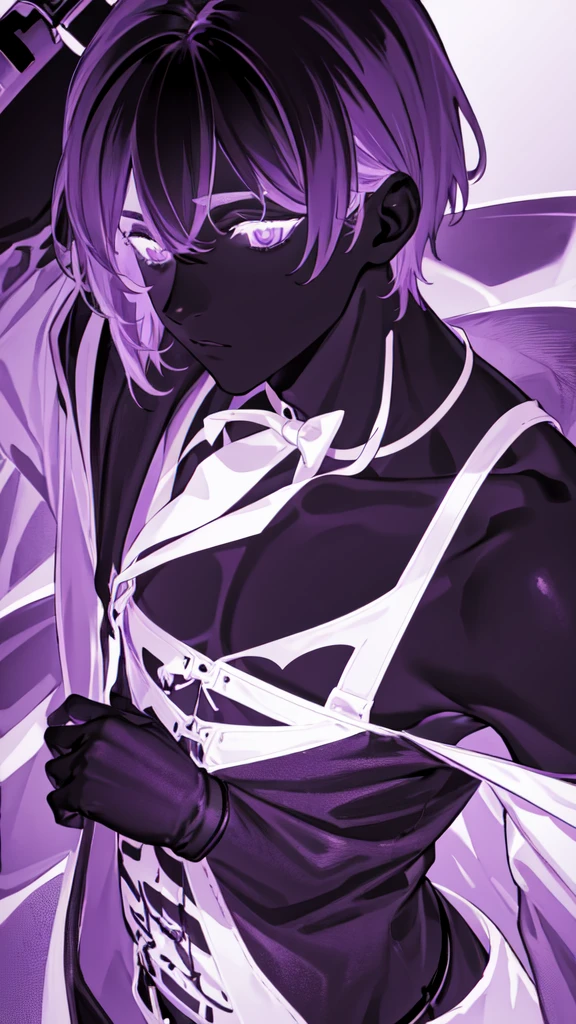 purple theme, monochrome, 1boy, short hair, 