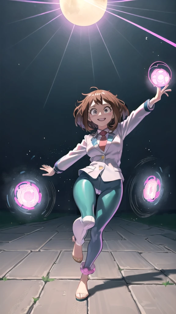 [ochako uraraka], [Boku no hero academia], ((masterpiece)), ((HD)), ((high quality)), ((solo portrait)), ((front view)), ((full body)), ((anime)), ((Kohei Horikoshi)), ((detailed shading)), ((cel shading)), ((intricate details)), ((cinematic lighting)), {ochako, (rosy cheeks), (cute round brown eyes), short brown hair, short eyelashes, large , (gorgeous hips), (beautiful legs), (excited smile), white teeth)}, {(pink blazer), (blue spandex yoga pants), (pink open-toe platform high heels), (barefoot)}, {(running down street), (looking at viewer)}, [Background; (grass), (blue sky), (sun rays)]