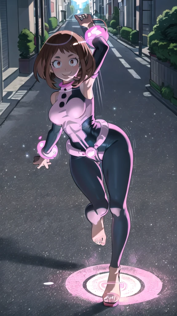 [ochako uraraka], [Boku no hero academia], ((masterpiece)), ((HD)), ((high quality)), ((solo portrait)), ((front view)), ((full body)), ((anime)), ((Kohei Horikoshi)), ((detailed shading)), ((cel shading)), ((intricate details)), ((cinematic lighting)), {ochako, (rosy cheeks), (cute round brown eyes), short brown hair, short eyelashes, large , (gorgeous hips), (beautiful legs), (excited smile), white teeth)}, {(pink blazer), (blue spandex yoga pants), (pink open-toe platform high heels), (barefoot)}, {(running down street), (looking at viewer)}, [Background; (grass), (blue sky), (sun rays)]