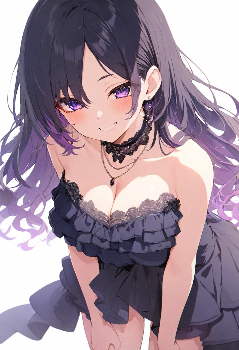 (masterpiece), (best quality), perfect face, beautiful girl, white background background, delicate and beautiful face and eyes, dark intense shadow, 
1 girl, vtuber style, cool girl, hololive, Roboco San, Gorgeous evening dress Ruffles dress, lace, necklace, big chest, cropped shoulders, clavicle, winking, smile, body visible through clothes, chest visible through clothes, ass visible through thighs, High heel, (full body), looking at viewer, standing, 