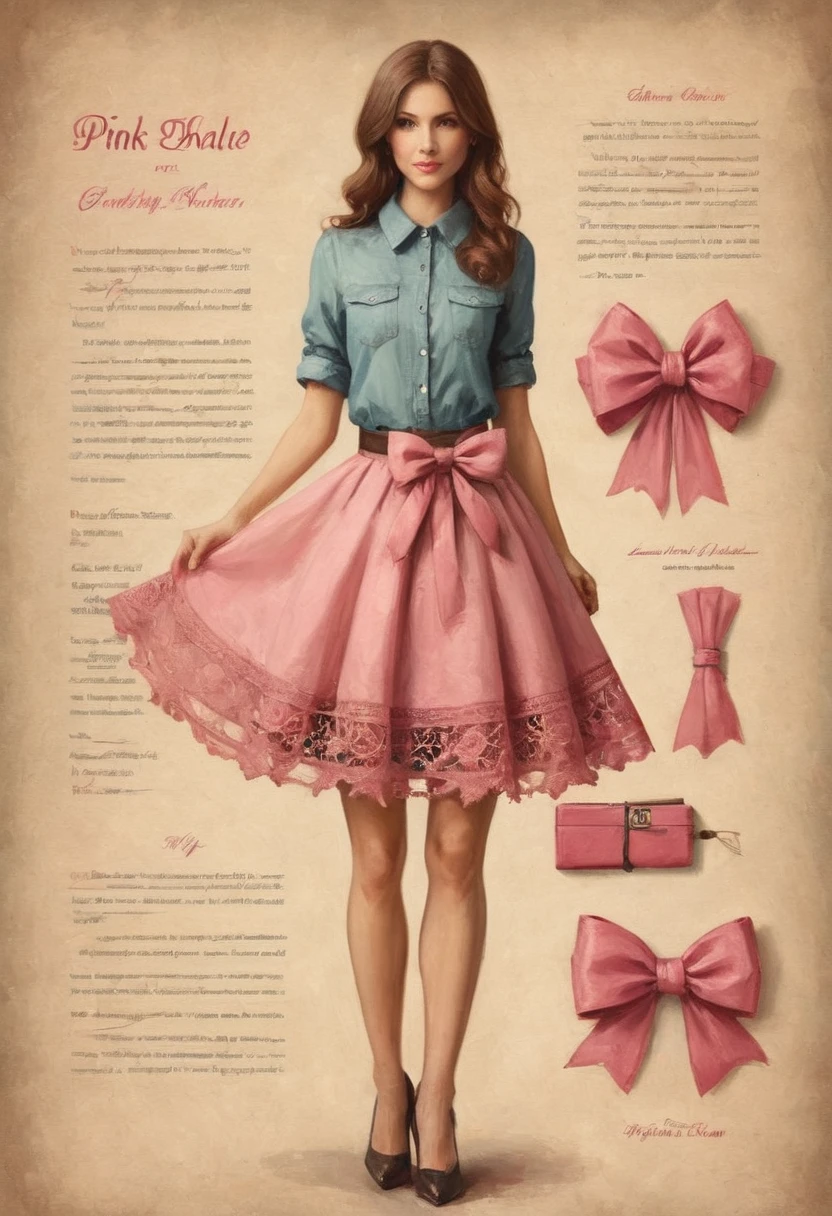 pink lace bow miniskirt design illustration motion sketch parchment vintage book infography