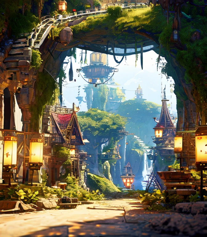 Many islands are floating in the air、A small airship is flying around。, City, Fantasy, A magical plant grows, Extreme Detail, Realistic Light, A magnificent composition, (Intricate details), (Intricate Design, Super detailed :1.2), Art Station, (masterpiece, Highest quality), Ultra HD, 32K --v 6