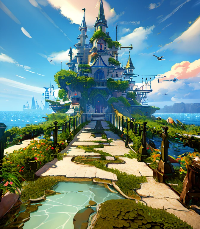 Many islands are floating in the air、A small airship is flying around。, City, Fantasy, A magical plant grows, Extreme Detail, Realistic Light, A magnificent composition, (Intricate details), (Intricate Design, Super detailed :1.2), Art Station, (masterpiece, Highest quality), Ultra HD, 32K --v 6