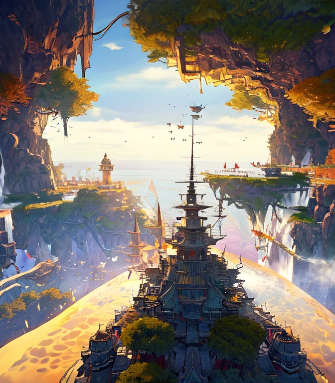 Many islands are floating in the air、A small airship is flying around。, City, Fantasy, A magical plant grows, Extreme Detail, Realistic Light, A magnificent composition, (Intricate details), (Intricate Design, Super detailed :1.2), Art Station, (masterpiece, Highest quality), Ultra HD, 32K --v 6