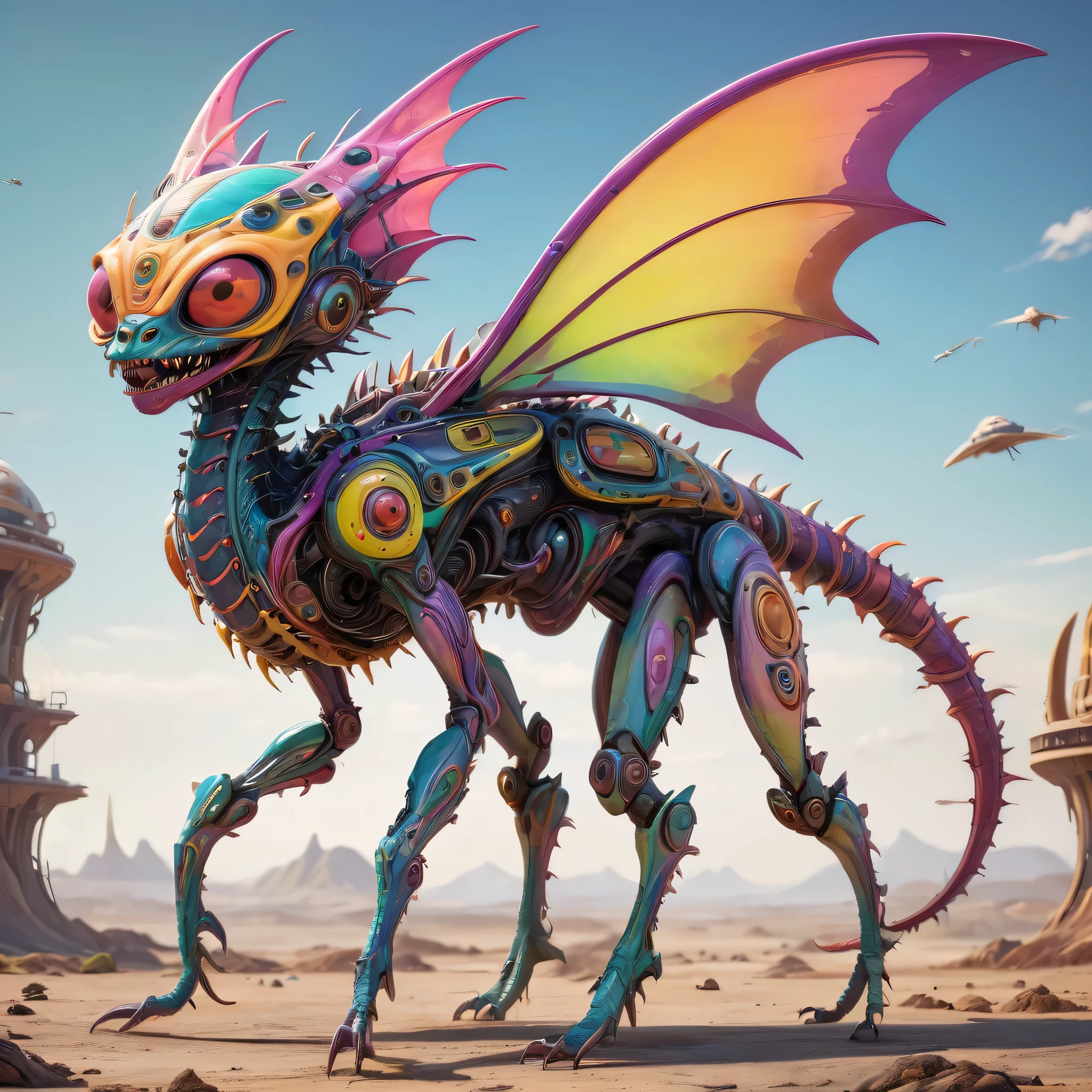 a small bizarre and strange looking part mechanical brightly coloured alien. Showing the entire, highly detailed body from the side. The entire picture is full of details. Strange alien landscapes in the background. Big detailed wings and sharp teeth and fangs. a sharp abdominal stinger. tentacles and antennas and multiple eyes. long spiky legs. Scaley segmented body. Hypnotic and telepathic and psychedelic looking.