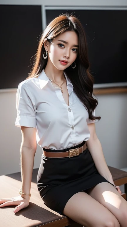 (8K, high resolution,Masterpiece, best quality, alone, complicated details, Chromatic aberration), realistic, (()), ((chestกลาง)), ((chest)), (chestหย่อนคล้อย.), hair in one eye, big round hoop earrings, Diamond choker, Gold Necklace, silver necklace, small watch, bangle, bracelet, bangleข้อเท้า, waist necklace, (symmetrical eyes),(Perfect symmetrical body), (Photo of a beautiful teenage girl in her 20s.), Beautiful and charming with contemporary fashion paintings as well..., looking at the audience, ((Behind the scenes of a large classroom)), (black short skirt), (((blue jacket., ((white short sleeve shirt,to break out), (open your shirt.), )), (เปิดchest), (chestหย่อนคล้อย.))), (()), (Long square leather belt buckle), ((Put your hands down.)), (Bob, medium length hair,big curls, Side flatness, Golden blonde brown hair, (There is a thin layer of hair covering the face...)), sharp eyeliner, eyelid, Blush, have thick eyelashes, sharp eyes, purple eyes, pink cheeks, Very delicate and beautiful, round chin, Sharp focus, elegant, (sitting on the study table..), (Sit with your legs spread apart., feet free, Showing off faint underwear), (), (Close-up full body photo, Saw black stilettos.)