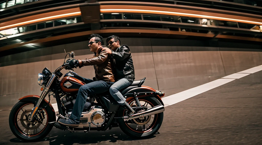 evening、A low-angle view of a middle-aged man riding alongside another man on a Harley Davidson。In Marvel style