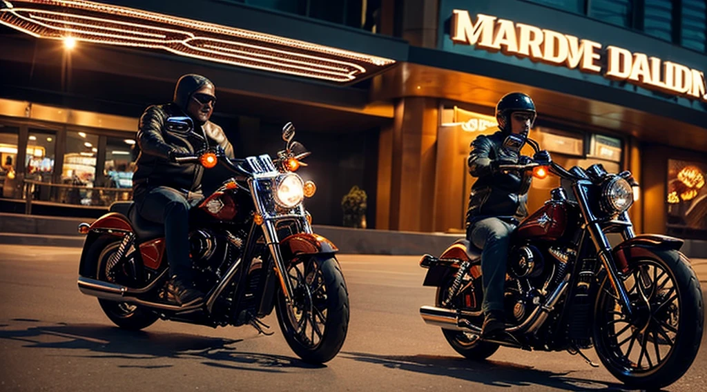 evening、A low-angle view of a middle-aged man riding alongside another man on a Harley Davidson。In Marvel style