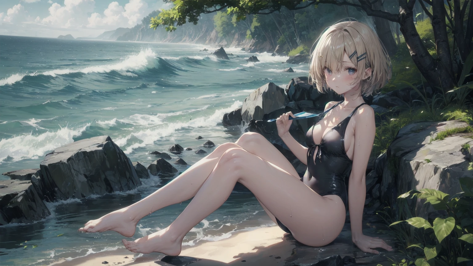 Highest quality, Anime Moe Art Style,Best Anime 8K Konachan Wallpaper,pixiv Contest Winner,Perfect Anatomy, break,(Please draw a picture of a girl in a 水着 walking on the beach.),break, One is an unlucky beautiful girl.,(alone,On top of that,,:1.3),,Complete limbs, Full Finger,Blonde Hair, short hair,おでこを出したshort hair,Bob Hair, amount, (Hair on one eye:1.4),Small breasts, Sma Beautiful atteon to detail, Well-proportioned pupils,Between the legs, Wet, Shiny skin, Cowboy Shot, Hair Clip, White swimsuit, At the Beach.break,Very detailed,High resolution,Very detailed肌,
Optimal lighting with AI, shape,