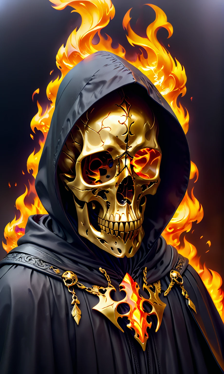 epoxy_skull, A skullish head and a beak" in a hooded cloak made of golden fire; trending on artstation; 90mm!! view from front side; high detail!! anatomically correct!!; 8k! photograph by greg rutkowski; background = dark-uctive cyber