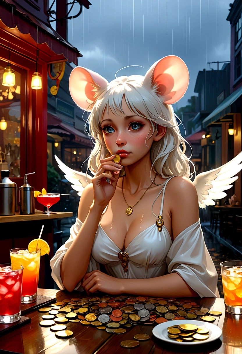 Mucha style , Hallucination, daydream , nightmare , Insane Dream , bokeh , erotica , realistic female mouse , (Cleavage:0.9) , realistic long nose , cafe de oni , Coins, Rubber Bands, and a Reversal of Innocent , Lost Dog and Beat of the Rain , A bad dream of dolls lined up , As God Says , In order to become an angel, I was secretly kind to everyone every day , Coin disappearing magic gesture , Bar, Cocktails