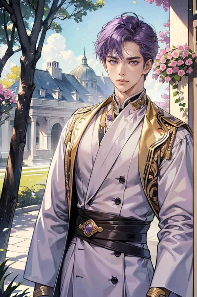 (masterpiece, high resolution, Ultra-detailed:1.0), (1st son, adult male), perfect male body, black male, eyes look at the camera, (nobility:1.3), delicate eyes and delicate face, very detailed CG, big body, broad shoulders, unity 8k wallpaper, intricate details, Solo person, detailed face, Brown skin color, (wizard costume, with purple hair, purple eyes, embarrassed expression), outdoor, Sonoko, Flowers and trees, marble column, color difference, depth of field, dramatic shadows, ray tracing, best quality, portrait
