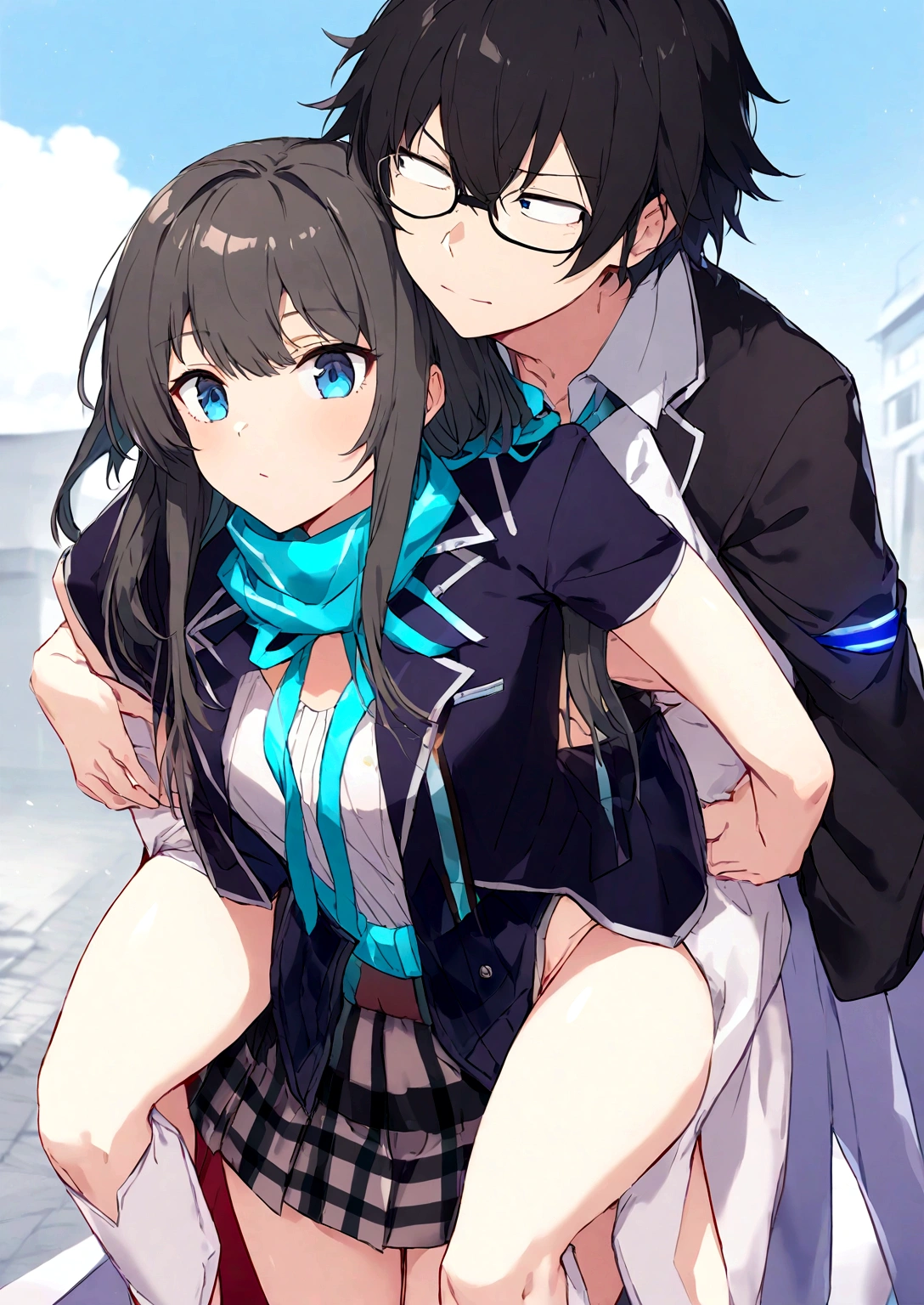 Yukino Yukinoshita Backless Hachiman,  Blue eyes black long hair piggyback,    