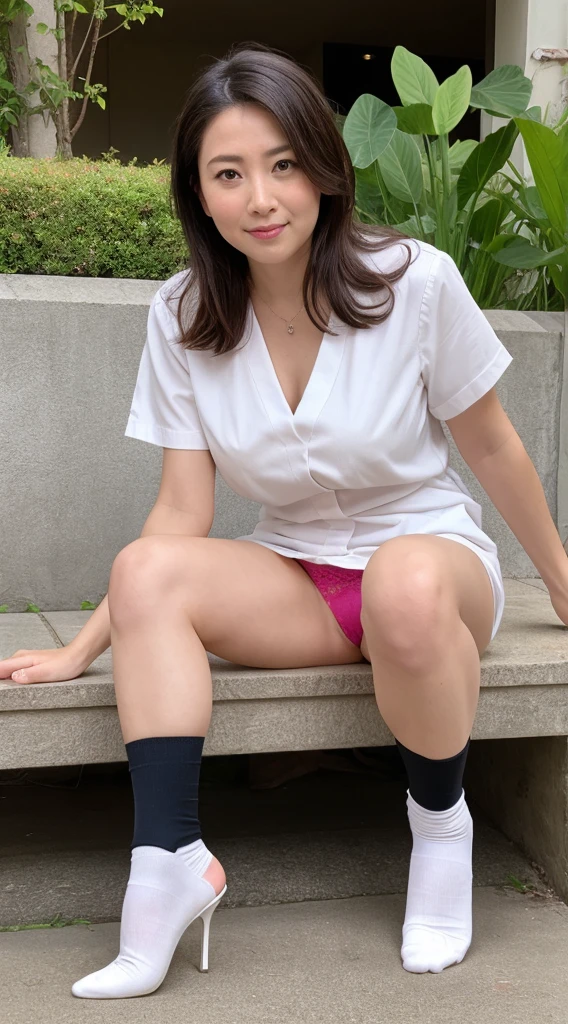 A 40year-old woman in a white nurse uniform sits with her legs apart, Exposing panties. nurse ÉO
H15, Wearing slightly dirty Nike short
white socks, Black high heels、Wearing nurse clothes, nurse, nurse girl, Wear short socks, Sitting in thigh-high socks, Wearing a pink blouse, Come on, smell my feet,
