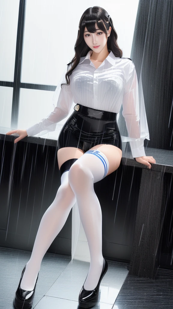 beautiful clear face(Rain waves_haneame:1.5), Super Detail, High Detail, high quality, best quality, High resolution,female,日本female警,(Black high-cut tights,The chest is a white shirt),Show your police badge