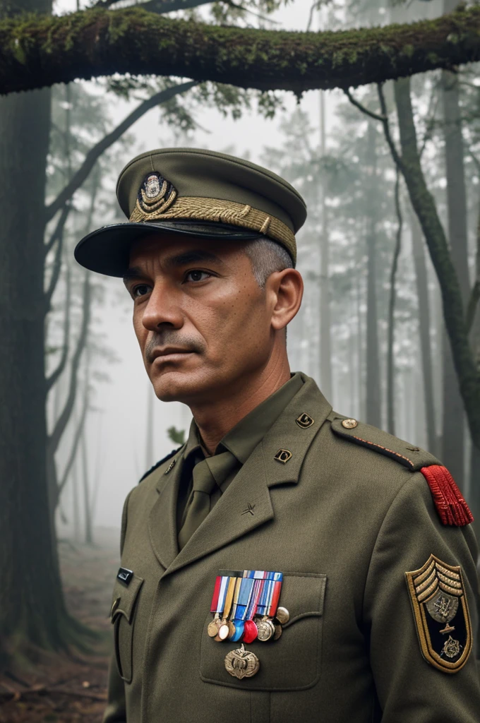 Foto RAW, uma foto retrato de 55 y.o homem, Roupas de viajante, standing in the forest, pele natural, 8k UHD, alta qualidade, filmic grain, Fujifilm XT3 with German military uniform