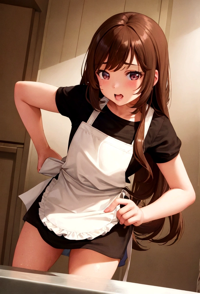 a young girl in a kitchen, long brown hair, brown eyes, wearing only an apron, close-up of orgasmic facial expression, creampie, reverse cowgirl position, high quality, detailed, photorealistic, cinematic lighting, warm color tones