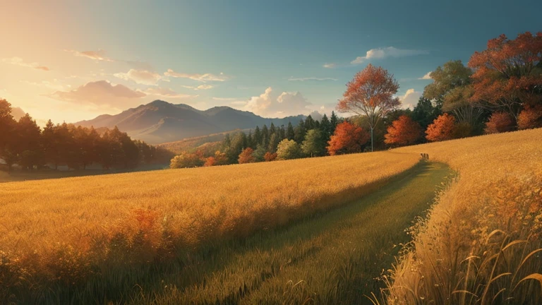landscape、Japanese silver grass、autumn、field、evening、animation、Xin Haicheng、A masterpiece、Concept Art、null、Anime Digital Illustration、There are no people