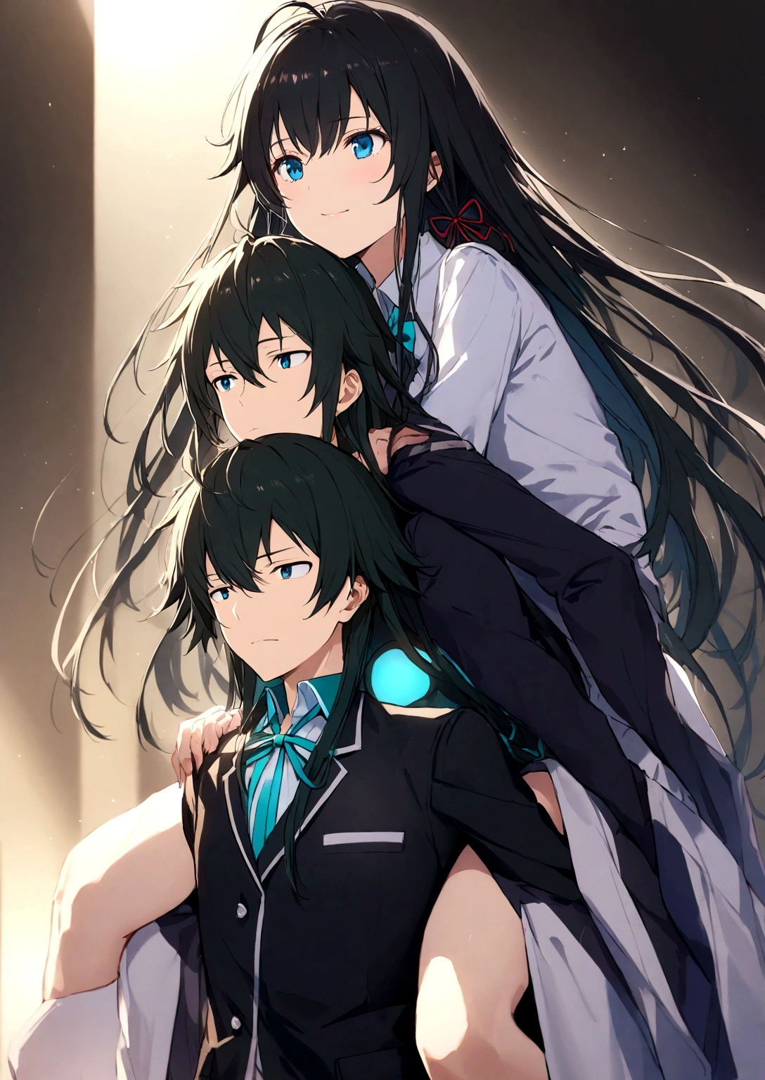 Yukino Yukinoshita Backless Hachiman,  Blue eyes black long hair piggyback,    Yukinoshita Yukino 