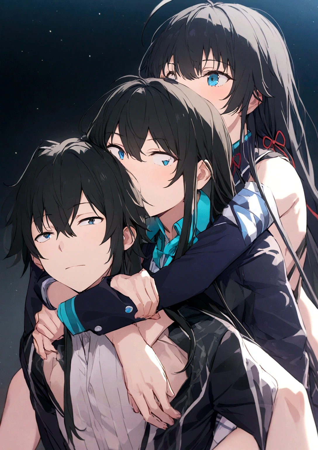 Yukino Yukinoshita Backless Hachiman,  Blue eyes black long hair piggyback,    Yukinoshita Yukino 