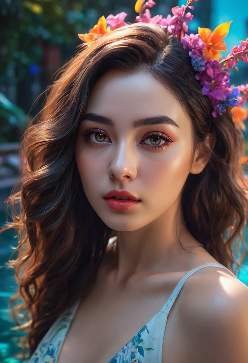 realistic digital painting, 1girl, beautiful detailed eyes, beautiful detailed lips, extremely detailed face and portrait, long eyelashes, elegant woman, elegant pose, serene expression, flowing hair, futuristic cyberpunk style, neon city, modern architecture, lush forest, colorful flowers, tranquil pool, dramatic lighting, vibrant colors, cinematic atmosphere, (best quality,4k,8k,highres,masterpiece:1.2),ultra-detailed,(realistic,photorealistic,photo-realistic:1.37)