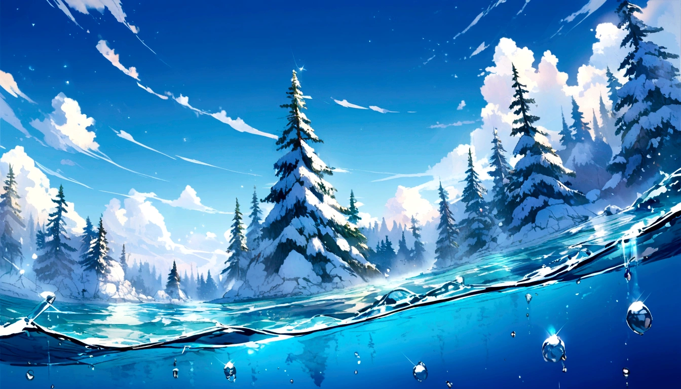 Glass-clear apples float in crystal clear water, winter, blue sky,