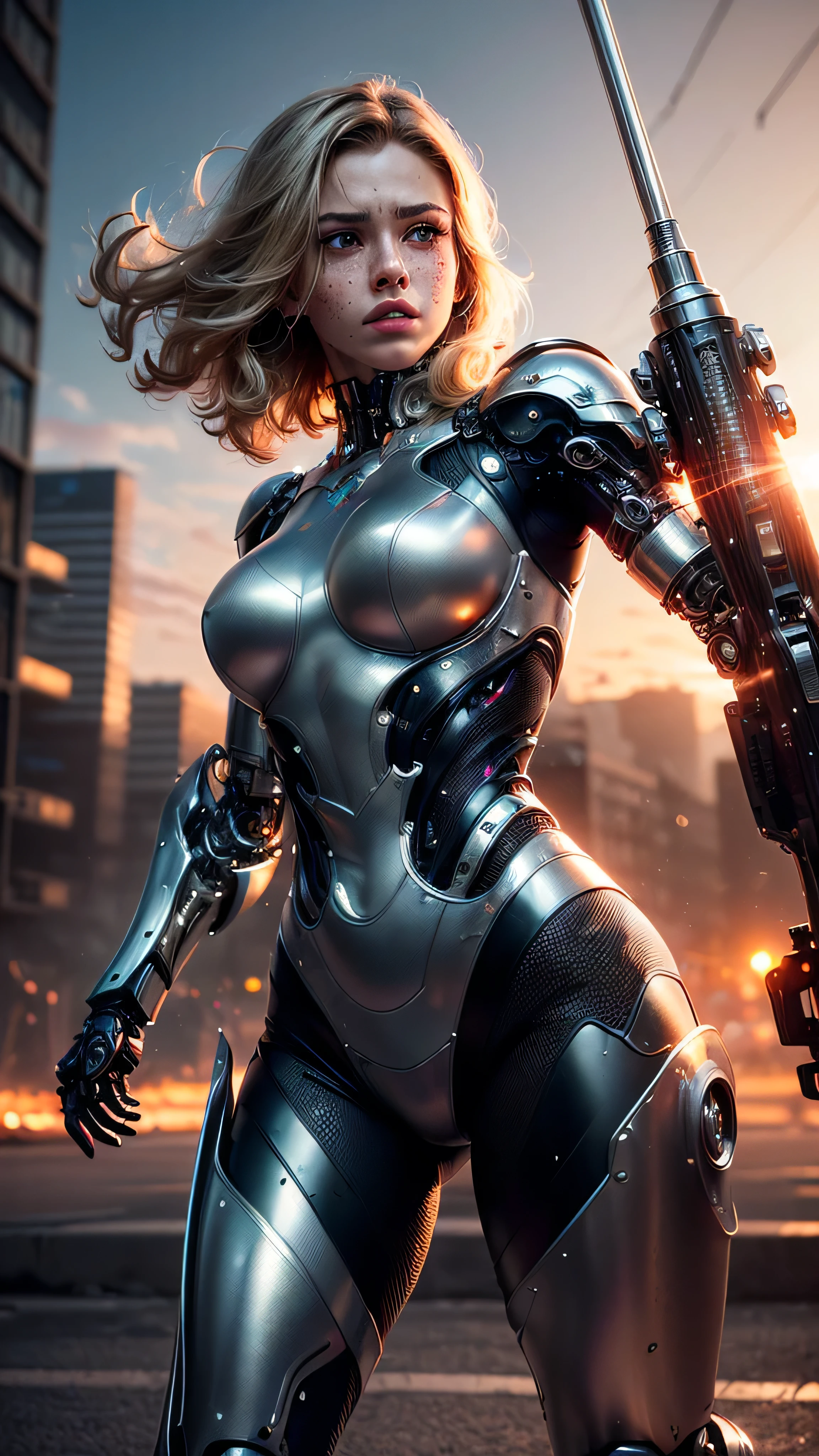 (masterpiece, photorealistic:1.4, extremely intricate:1.3), (photon mapping, radiosity, physically based rendering, ultra resolution, hyper-realistic, hyper-realistic, 8K, (dtx)), muscular girl, ((Sumptuous armor from the late Renaissance, black chrome perfectchainmail armor:0.8, ((mechanical limbs, cybernetic arms, futuristic cyborg, ((weapon)))), angry, intense, [skin detail:freckles:0.7])), metal reflections, outdoors, sunset, background futuristic battlefield, far away city destruction, skylaser, professional photograph, (short curly platinum hair, blowing, dynamic movement pose, arm raised), sharp focus, dramatic, award winning, (film grain, bokeh, interaction)
