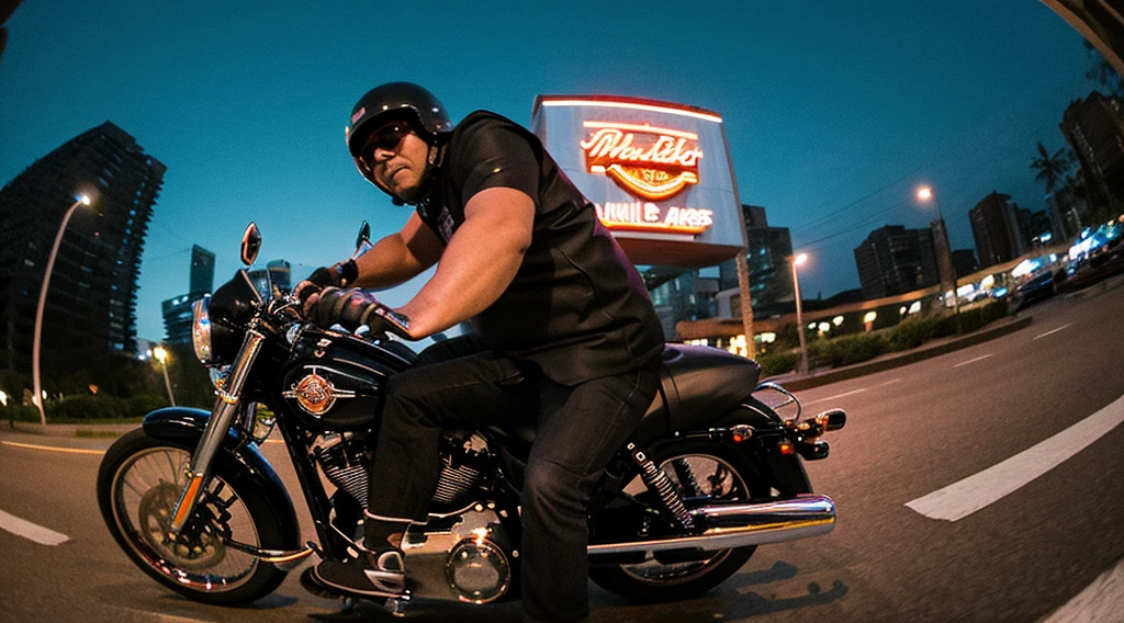 evening、A low-angle view of a middle-aged man riding alongside another man on a Harley Davidson。Bad guy illustration