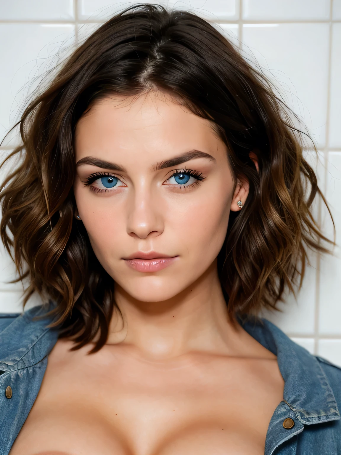 Photo of a 31-year-old girl, ((brunette short wavy hair)), ((dark big blue eyes)), (((short hair))), very natural sad face, (((supermodel face))), very pretty, wide lips, Thin eyebrows, pointy nose, long eyelashes. the face looks straight into the camera from the front, naked, lying face up on a tiled floor, arms up, Ultra textured skin, naked , (focus on breast and face), (((busty)))