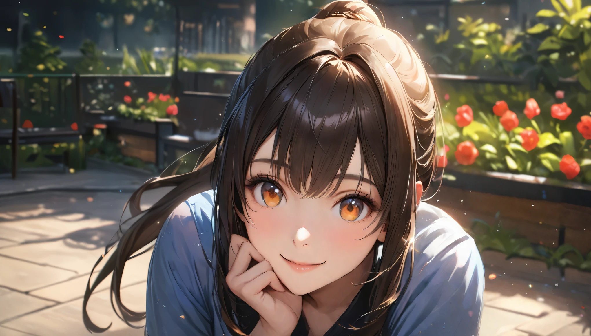 garden, Cute casual clothes,On a date,Blur the background,High school girls,ponytail,smile,Glitter effect,Highest quality, 4K, 8k, High resolution, masterpiece:1.2, Very detailed, Realistic:1.37, High resolution, 超High resolution, Ultra-fine painting, Sharp focus, Physically Based Rendering, Very detailedな説明, Professional, Vibrant colors