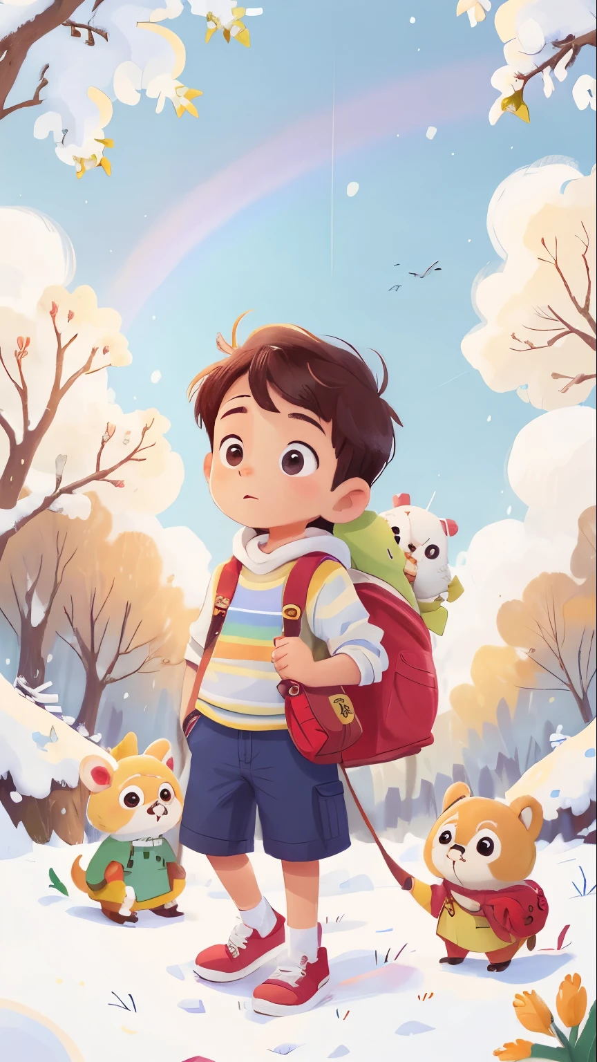 Um , de roupas brancas, carregando uma mochila com cor arco iris, ambiente de neve, white trees, gramas brancas, white sky.