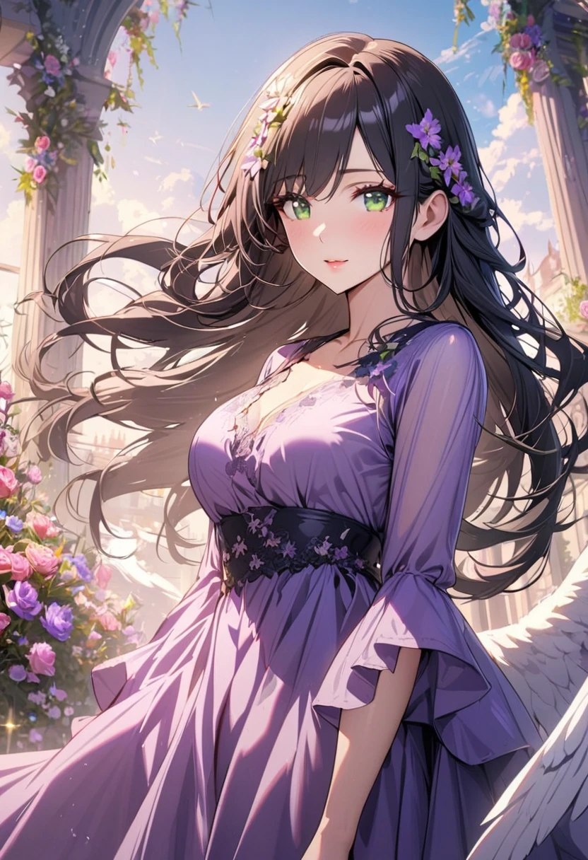 girl, beautifull, pretty, long hair, mature woman, beautiful purple dress, black hair, green eyes, super detail, flower on hair, gorgeous, beautiful backround, angel, beautiful eye,