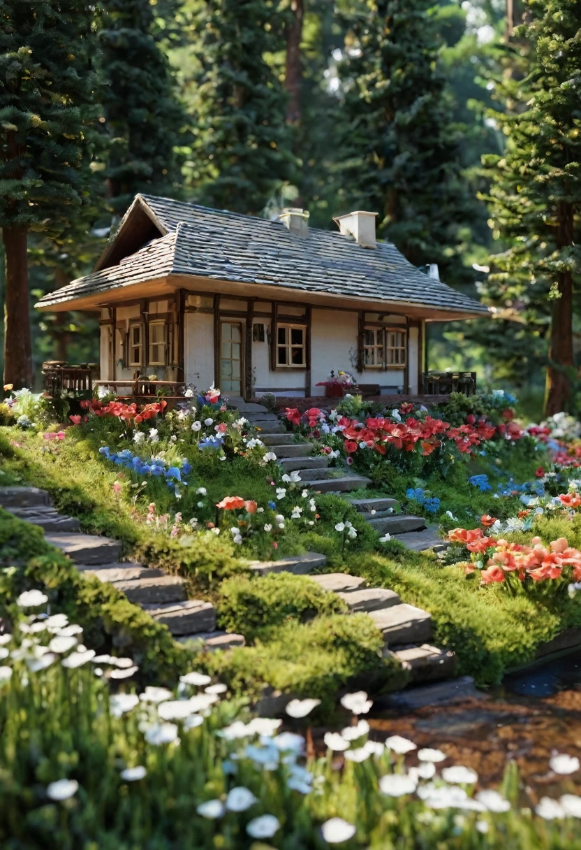 Electronic model, house, forest, flowers