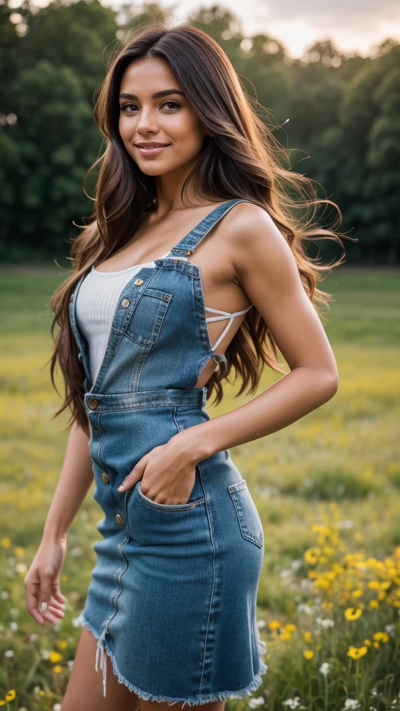 realistic body shot photo of in smiling mexican big long brown hair woman dancing in front of camera wearing long denim dress, meadow, glamour photoshoot, perfect anatomy, Perfect butt. Perfect hands with 5 fingers on each hand. fit girl, looking into the camera, strong hip:1.2, wide hip:1.3, 26 yo woman. (Eye makeup:1.1), (highly detailed skin:1.1), RAW, analog style, sharp focus, 8k UHD, DSLR, high quality, Fujifilm XT3, grain, award winning, masterpiece.