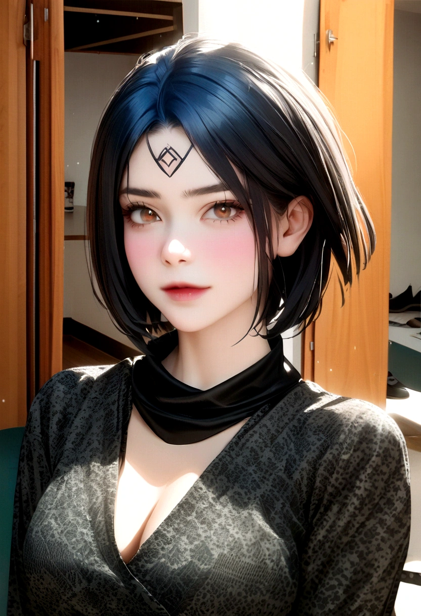 (1girl:1.2) , busto pra cima, lipstick, sobrancelha comprida, rosto lindo, short hair, half blue half black hair, pale skin, fotografia, 8k, (realistas 