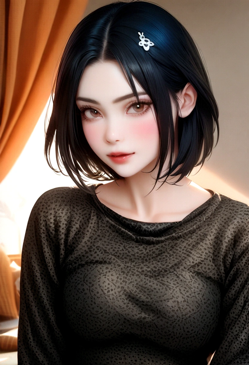 (1girl:1.2) , busto pra cima, lipstick, sobrancelha comprida, rosto lindo, short hair, half blue half black hair, pale skin, fotografia, 8k, (realistas 